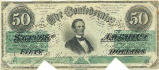 1862 $50 Confederate Civil War Currency Jefferson Davis Green Tints Scarce
