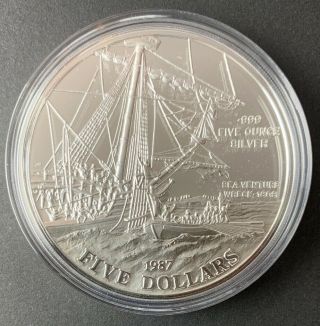 1987 Bermuda 5 Dollar Sea Venture Wreck 5 Oz Silver Proof Coin W/ Box &
