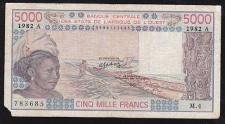 French West Africa - - - - - 5000 Francs 1982 - - - - - - - - Vg - - -