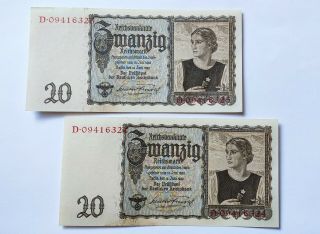2 X 20 Reichsmark 1939 - Germany,  Ww Ii - Consecutive Numbers - A.  Uncirculated