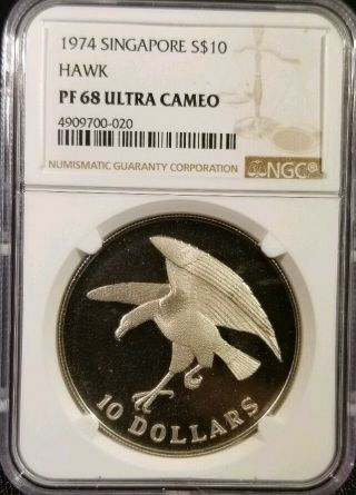 Singapore 1974 $10 Hawk Proof Silver Coin - Ngc Pf - 68 Ultra Cameo