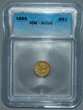 1853 Liberty Head Gold Dollar $1 Coin,  Icg Au50 Coin