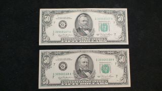 Two Consecutive 1981 Fifty Dollar Federal Reserve Notes Chicago $50 Bills