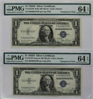 1935 D $1 Silver Certificate Pmg Certified 64 Epq Rf Block Changeover Note Pair