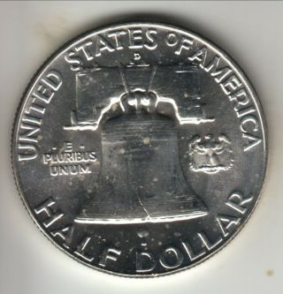 1962 - D United States silver 50 cents,  Franklin half,  white UNC,  KM - 199 4