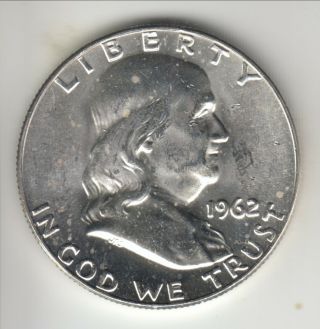 1962 - D United States silver 50 cents,  Franklin half,  white UNC,  KM - 199 5