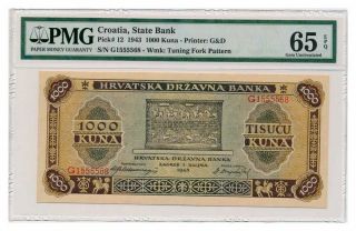 Croatia Banknote 1000 Kuna 1943.  Pmg Ms - 65 Epq