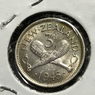 1945 Zealand Silver 3 Pence Brilliant Uncirculated Coin