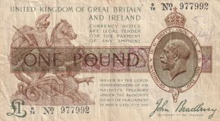 Great Britain 1 Pound Banknote Nd (1919) P.  357 Very Good