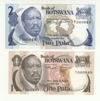 Botswana 1,  2 Pula 1976 Aunc/unc Same Serial 000949 @