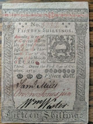 OCTOBER 1,  1773 15s FIFTEEN SHILLINGS PENNSYLVANIA COLONIAL CURRENCY NOTE 5222 2