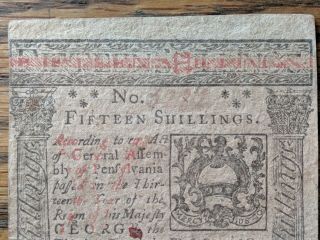 OCTOBER 1,  1773 15s FIFTEEN SHILLINGS PENNSYLVANIA COLONIAL CURRENCY NOTE 5222 4