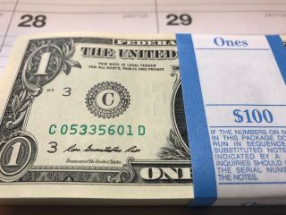 100 $1 Bills - Crisp,  Consecutive Dollar Notes Bep Pack 2013 C - D