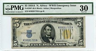 Fr.  2307 1934a North Africa $5 Wwii Emergency Issue Pmg Very Fine 30 -