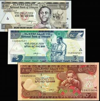Ethiopia 2008 - 2015 1,  5,  10 Birr,  Banknote Set Of 3 Unc