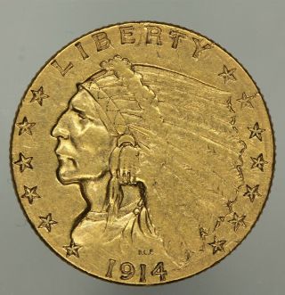 Extra Fine 1914 - D $2.  50 Gold Indian Quarter Eagle Xf