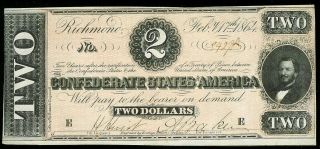 1864 Confederate State Of America $2 Richmond,  Va Note T - 70 Au