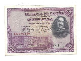 Spain 50 Pesetas 1928 In (vf) Crisp Banknote P - 75b (seria C)