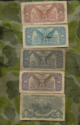 Set Of 5 Mpc Military Payment Certificates Series 692 Vietnam 1970 