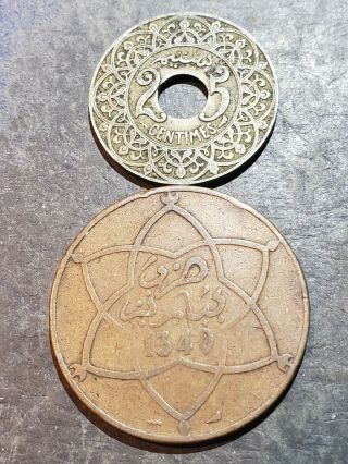 2 Older Morocco Coins 25 Centimes1924,  10 Mazunas Coins