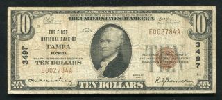 1929 $10 The First National Bank Of Tampa,  Fl National Currency Ch.  3497