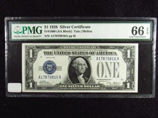1928 $1 U.  S.  Silver Certificate Pmg Epq Gem Unc 66 Fr 1600 (816a) Funny Back