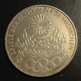 1972 D German Munich Olympic Flame 10 Mark Silver Coin
