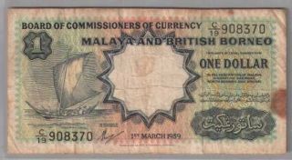 561 - 0047 Malaya & British Borneo | Commissioners,  1 Dollar,  1959,  Pick 8a,  Vf