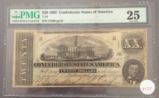 1862 $20 Confederate States Of America T - 51 Pmg Vf25