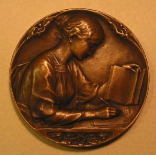 Art Noveau / Lady Writing / French Offer Bronze Medal By P.  Lenoir