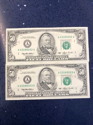 (2) Consecutive 1993 $50 Bill Fifty Dollars Paper Money Federal Reserve Note Usa
