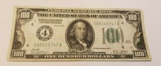 1928 One Hundred Dollar Federal Reserve Note Payable In Gold Rare
