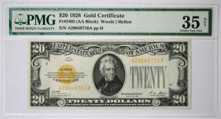 Fr.  2402 1928 $20 Gold Certificate Net Choice Vf 35 Pmg (aa Block) Woods Mellon