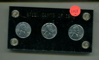 1943 P D S Lincoln Head Steel Penny Set With Plastic Holder Bu 3758m