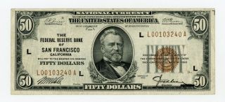 1929 Fr.  1880 - L $50 U.  S.  (san Francisco,  California) Federal Reserve Bank Note