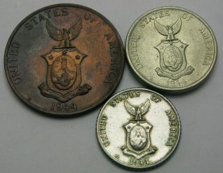 Philippines 1,  5,  10 Centavos 1944 - 3 Coins.  - 906