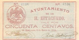 México / Zinapécuaro 50 Centavos 9.  3.  1915 M 2955 Uncirculated Banknote