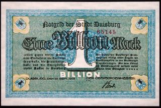Duisburg 1923 1 Trillion Mark Inflation Notgeld German Banknote