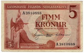 Iceland Landsbanki Íslands - Sedlabankinn 5 Kronur 21.  6.  1957 Pick 37b World Note