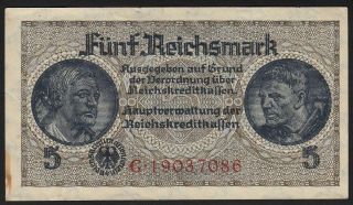 1940 - 1945 5 Reichsmark Germany Nazi Wwii Money Swastika 3rd Reich P R138b Vf