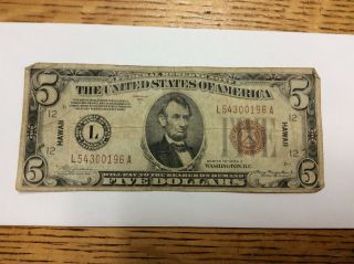 1934 A $5.  00 Hawaii Brown Seal $5.  00 Federal Reserve Note