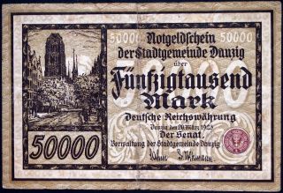 Danzig 1923 50,  000 Mark Inflation Notgeld German Banknote Gdansk P - 20