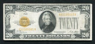 Fr.  2402 1928 $20 Twenty Dollars Gold Certificate Currency Note Very Fine,