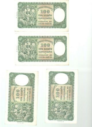 Paper Money Slovakia 1940 4pc 100 Korun Number Following