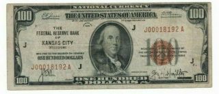 1929 Us $100 Kansas City Federal Bank National Currency Brown Seal Note H0018192