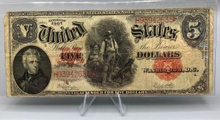 Large 1907 $5 Dollar Bill Federal Reserve Note Big Frn Paper Wood Chopper Red