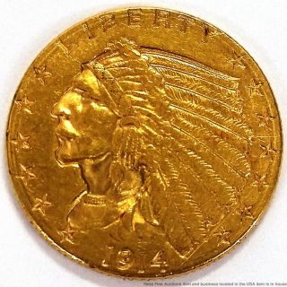 1914 D Indian Head Quarter Eagle $2.  5 American Gold Coin