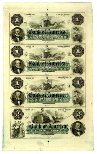 Rhode Island.  Bank Of America Uncut Sheet $1 - 1 - 1 - 2 Format 1850 - 60 Au To Cu.  Nbnc