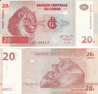 Congo 20 Francs 1997 P 88a Serial J Z Replacement Unc