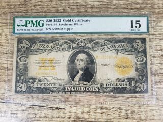 Series 1922 $20 Gold Certificate Fr1187 Pmg 15 Very Fine Large Size - Comment